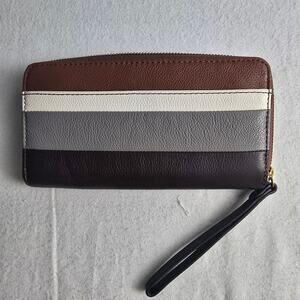 Fossil Jori Zip Clutch Wristlet Brown Neutral Striped Wallet 8x4 Boho Zip Around